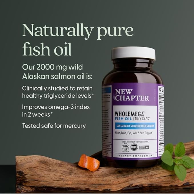 New Chapter Wholemega Fish Oil Supplement Tiny Capsules 2000mg per Serving Clinically Proven Wild Alaskan Salmon Oil with Omega-3 + Vitamin D3 + Astaxanthin 500mg Each - 90 Count