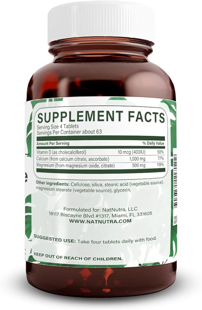 Natural Nutra Cal-Mag Citrate with Vitamin D31000/500 mg Complex Strengthen Bone Density Muscle and Nerve Health Help Maintain Healthy Teeth Highly Bioavailable Sources 250 Vegan Tablets