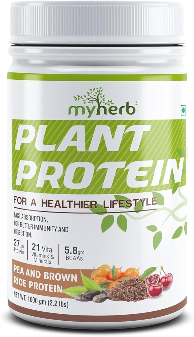 MYHERBS Plant Protein Powder | Pea and Brown Rice Protein Powder | Vegan High Protein Powder | 27 gm Protien21 Vital6 gm BCCAs | Sugar Free | for Men and Women | Chocolate Flavour (1 Kg)