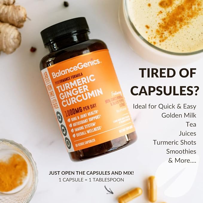Turmeric Curcumin Supplement with Black Pepper &amp Ginger Root 1000mg | Optimized Formula 95% Curcuminoids Curcuma | Joint Health &amp Inflammation Support | 60 Capsules Powder Filled