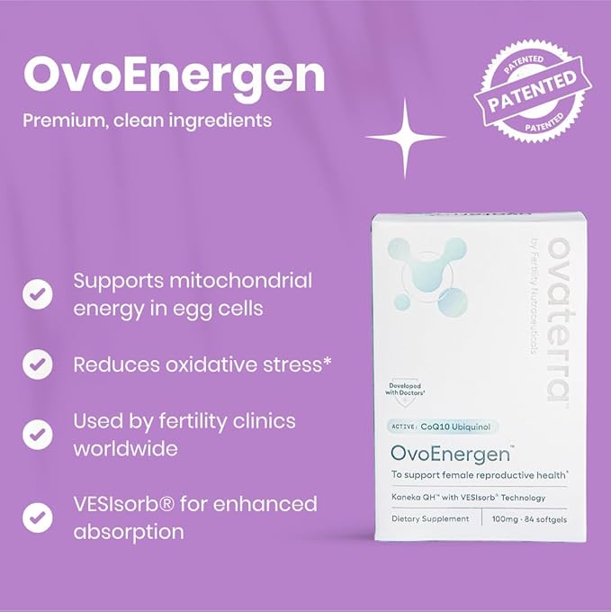 Ovaterra OvoEnergen CoQ10 Supplement for Women to Support Reproductive Health and Egg Health Fertility Booster with Kaneka QH VESIsorb® Technology 84-100mg Softgel Capsules - 28 Day Supply