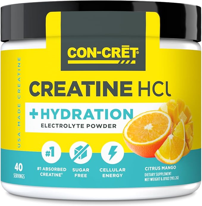 CON-CRET Creatine HCl + Hydration | Electrolyte Powder Tub | Citrus Mango | Sugar Free Electrolytes | Rehydration Formula w Potassium Sodium Zinc Magnesium to Hydrate &amp Recover (40 serv)