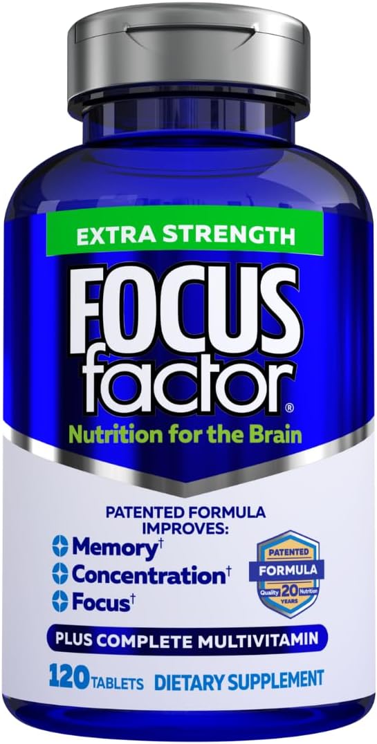 Focus Factor Adults Extra Strength 120 Count - Brain Supplement for Memory Concentration and Focus - Complete Multivitamin with DMAE Vitamin D DHA - Trusted Health Vitamins