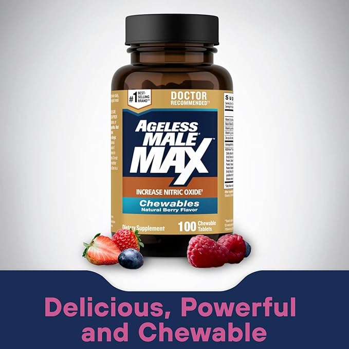 Ageless Male Max Chewable Nitric Oxide Booster Supplement for Men – High Potency Ashwagandha Extract to Boost Workouts Muscle &amp Performance Reduce Stress Support Sleep - 200 Count