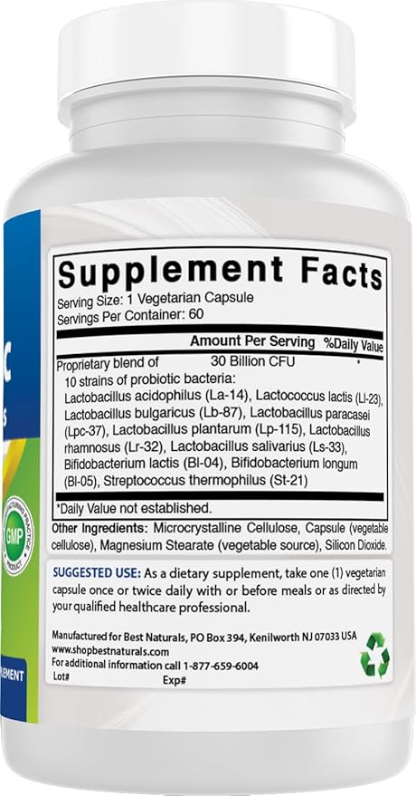 Best Naturals Probiotic 10 Strains &amp 30 Billion CFU Intestinal Flora 60 Veggie Capsules (60 Count (Pack of 2))