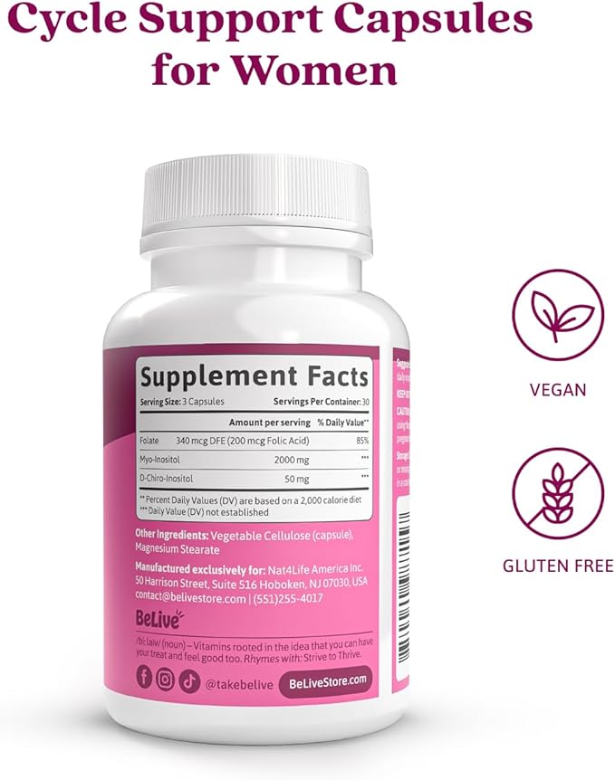 BeLive Myo-Inositol &amp D-Chiro Inositol Capsules - 90Ct I Inositol Supplement with Folic Acid Supplements for Woman Optimal 40:1 Ratio (1)