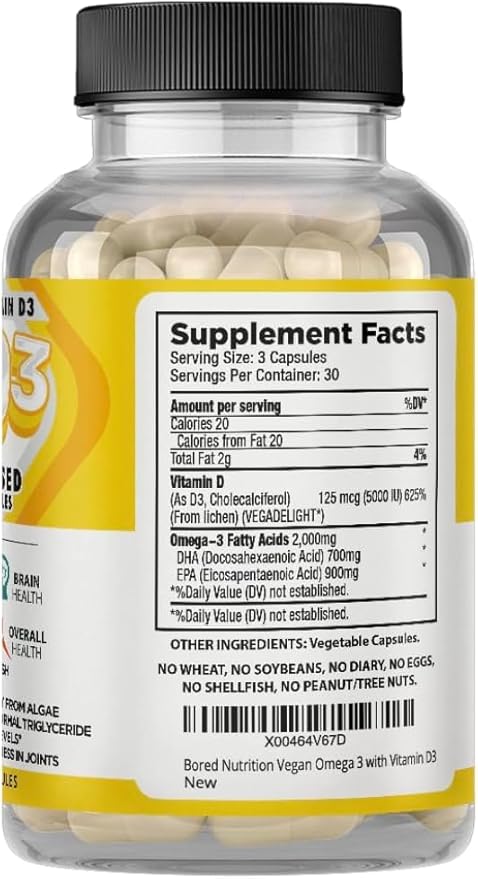 DO3 Vegan Omega 3 and Vitamin D3 Supplement - 90 Capsules - 2 Pack - Fish Oil Alternative- DHA &amp EPA Omega D3 Supplement - May Support Heart Brain and Joint Health - 2 in 1 Formula - Bored Nutrit