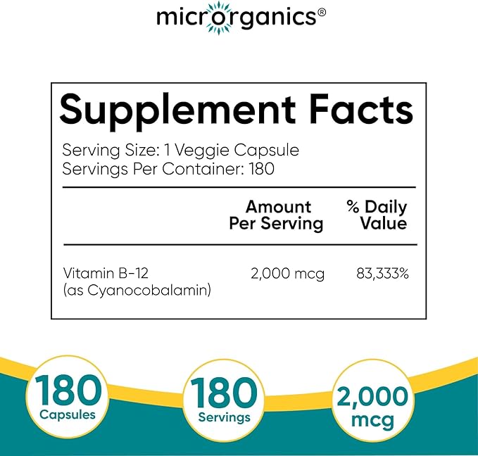 Vitamin B12 2000 mcg Extra Strength – Energy Focus &amp Nervous System Support – Cyanocobalamin Form – 180 Vegan Capsules 180 Servings