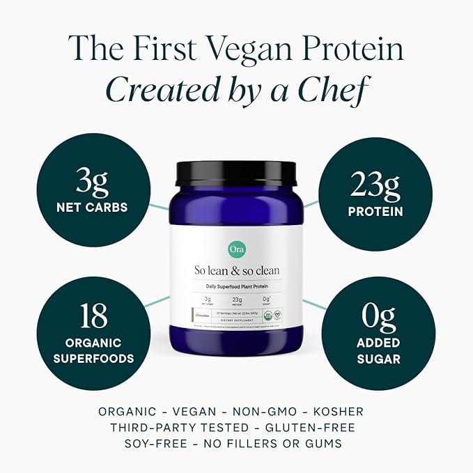 Ora Organic Vegan Protein Powder - 23g Plant Protein for Women and Men - Chocolate Flavor 20 Servings Bloat-Free Gluten Free Non-GMO No Artificial Sweeteners