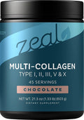 Zeal Naturals Multi Collagen Protein Peptides Powder Types I II III V X - Vitamin C Biotin &amp Hyaluronic Acid - Hair Skin &amp Nails - Marine Bovine Chicken &amp Eggshell - Chocolate 45 Serv