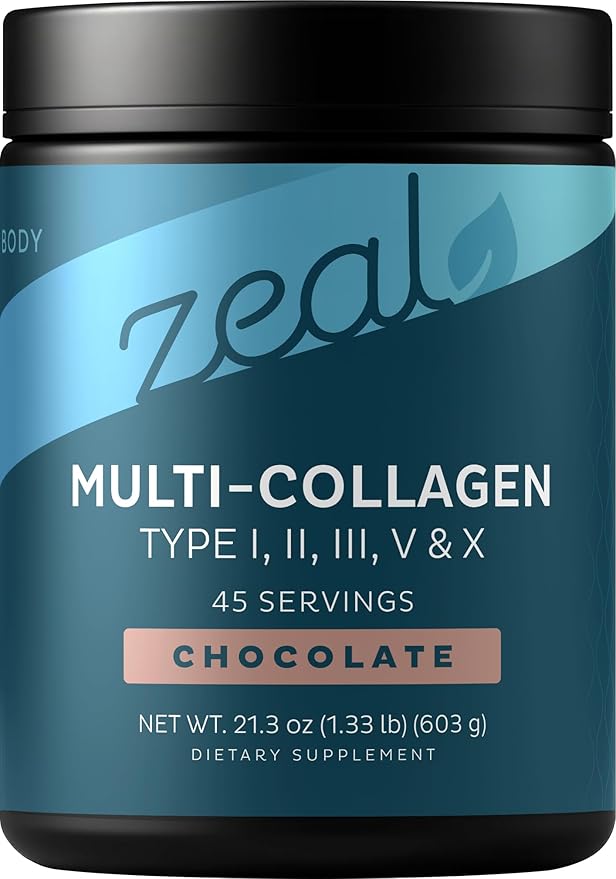 Zeal Naturals Multi Collagen Protein Peptides Powder Types I II III V X - Vitamin C Biotin &amp Hyaluronic Acid - Hair Skin &amp Nails - Marine Bovine Chicken &amp Eggshell - Chocolate 45 Serv