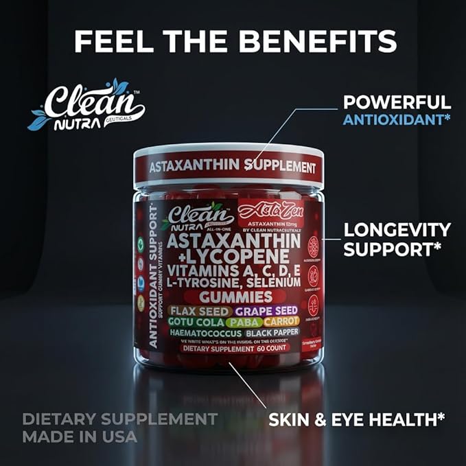 Clean Nutra AstaZen Astaxanthin Complex Gummies 12mg w/Lycopene Pure Vitamin A C D E L-Tyrosine Selenium – Premium Berry Banana Eye Skin Immune Support Supplement 60 Count