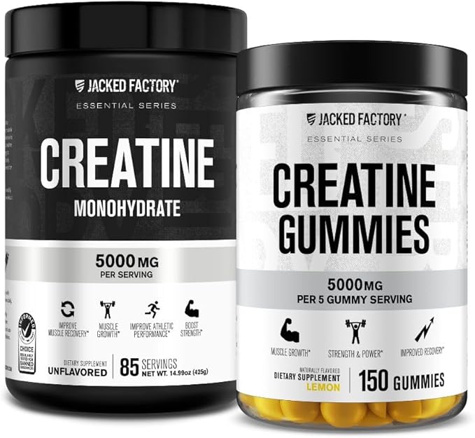 Jacked Factory Creatine Monohydrate Gummies (150 Gummies Lemon) &amp Creatine Monohydrate Powder (85 Servings Unflavored)