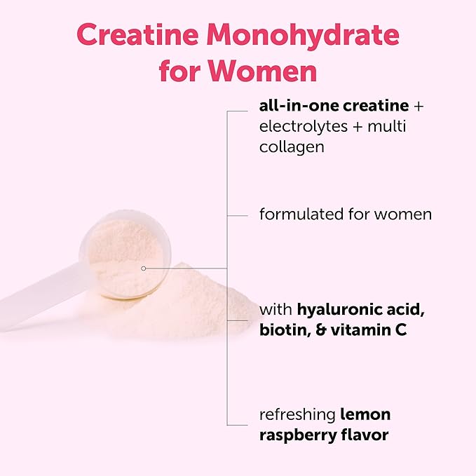 Micro Ingredients Creatine for Women | 5000mg Micronized Creatine Monohydrate Powder + Multi Collagen Electrolytes Biotin Vitamin C &amp Hyaluronic Acid | Lemon Raspberry | Sugar-Free Non-GMO