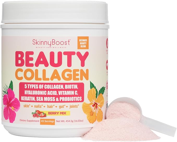 Beauty Collagen Powder-5 Types of Hydrolyzed Collagen Sea Moss Biotin Keratin Hyaluronic Acid Vitamin C and Probiotics–Hair Skin Nails- All Natural Made in USA-45 Servings- Mixed Berry