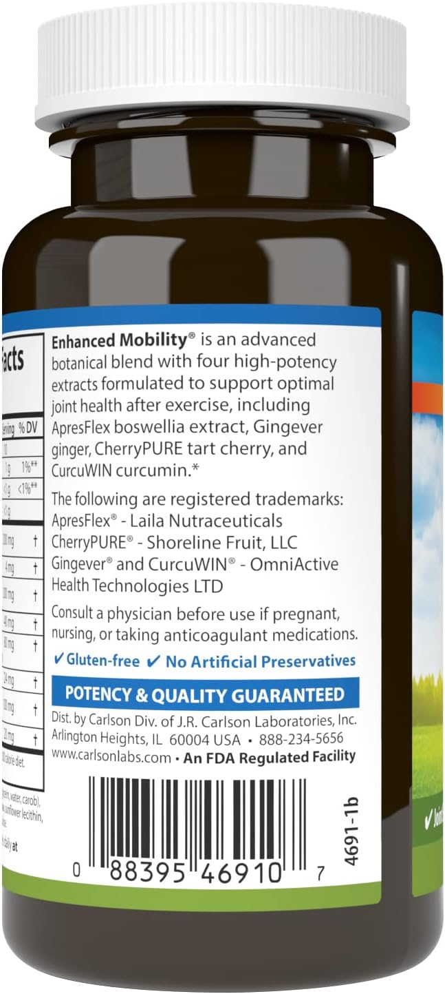 Carlson - Enhanced Mobility Botanical Joint Support Boswellia Tart Cherry Curcumin Ginger 60 Softgels
