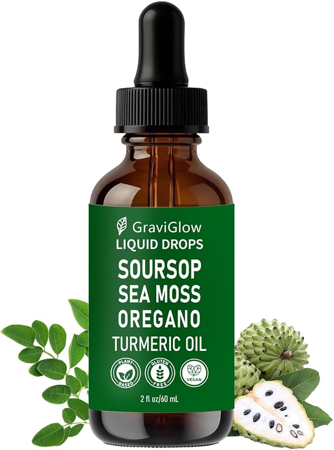 Graviola Soursop Bitters Liquid Drops – 10-in-1 Herbal Soursop Extract with Sea Moss Moringa Turmeric Black Seed Oil &amp Oregano – Immune &amp Gut Health Support Vegan Non-GMO 2 Fl Oz