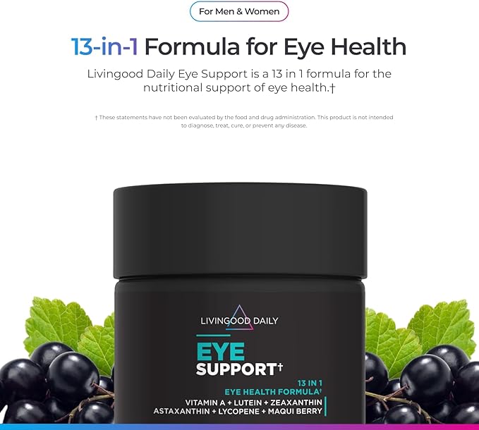 Livingood Daily Eye Support 13-in-1 Vision Supplement with Lutein Zeaxanthin Astaxanthin Vitamin A Lycopene Maqui Berry &amp More Promotes Healthy Eyes Blue Light Protection Vegan 60 Capsul