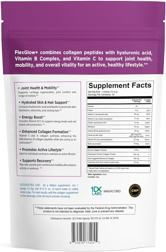 FlexGlow+ Collagen Peptides – Broad Spectrum (I II III V X) – Hyaluronic Acid Biotin &amp Vitamin C - Hair Skin &amp Joint Support – 30 Servings (Unflavored) (13.12 oz)