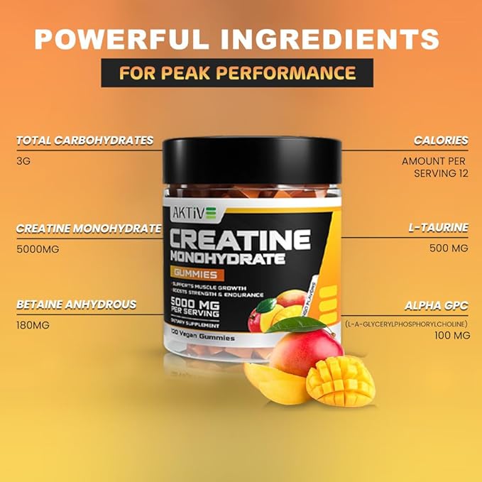 Creatine Monohydrate Gummies 5000mg of Creatine Per Serving with Alpha-GPC &amp Taurine Mango Flavor Enhance Brain Function Muscle Growth Support Pre Workout Gummies for Men and Women - 120pcs