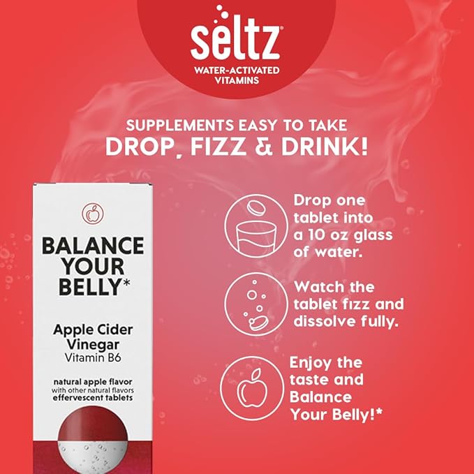 Seltz® Balance Your Belly – Effervescent Vitamins with Apple Cider Vinegar (1000 mg) &amp Vitamin B6 for Digestive Health Blood Sugar &amp Mood Support – Apple Flavor 20 Tablets (Pack of 6)