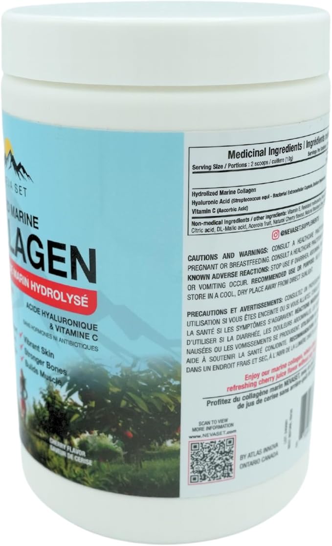 HYDROLYZED Marine Collagen with HYALURONIC Acid &amp Vitamin C – 350g/70 Scoops from NevaSet with Delicious Natural Cherry Flavour. Supports Joints Hair Skin Bones Muscles and Cognitive Functio