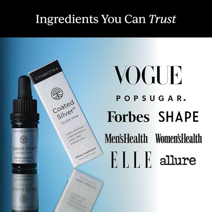 CYMBIOTIKA Colloidal Silver Liquid Supplement with Coated Silver 20000 PPM Mineral Concentrate Immune Support Supplement for Adults Easy to Use 5 ml