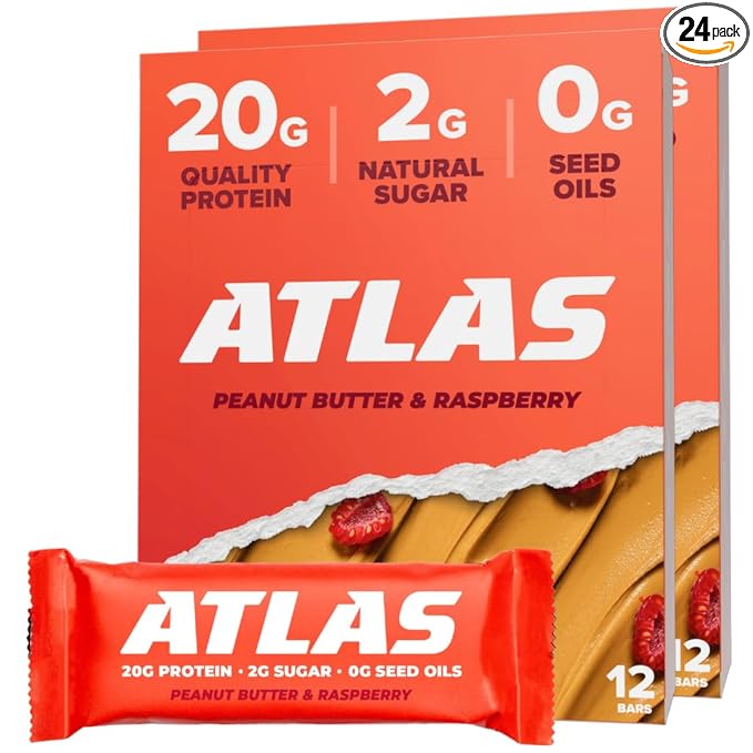 Atlas Real Food Protein Bar – 20g Clean Protein 2g Sugar No Seed Oils No Artificial Sweeteners (Peanut Butter &amp Raspberry 24 Count)