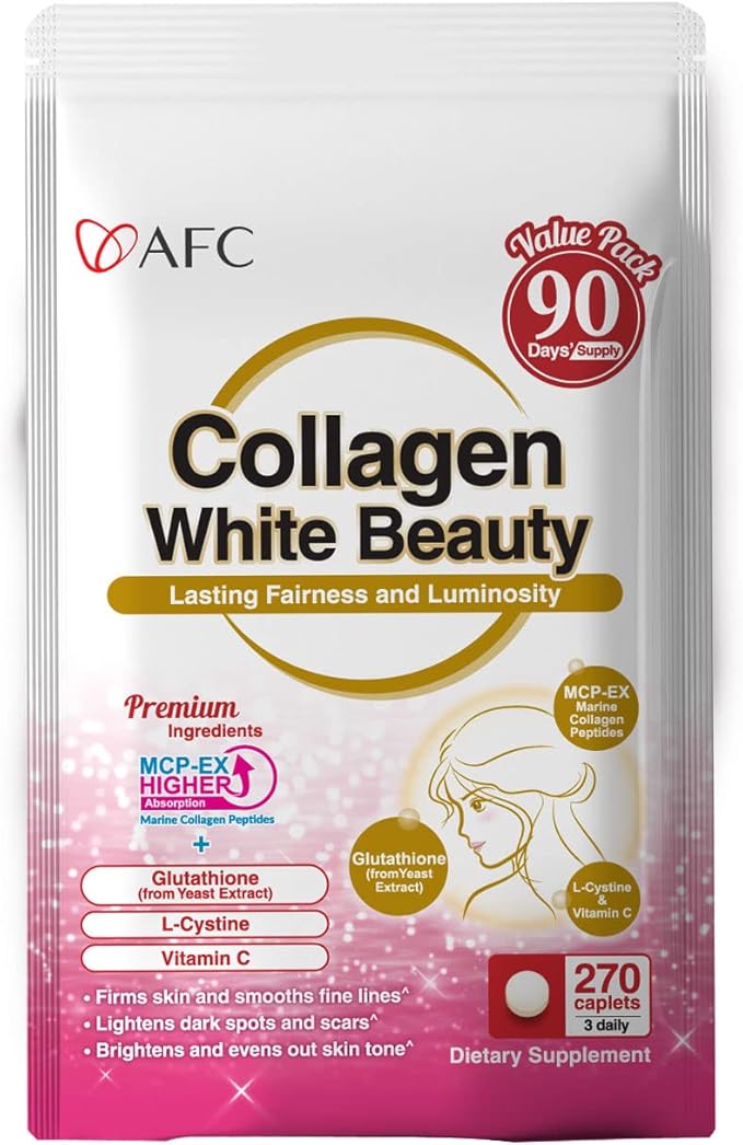 AFC Japan Collagen White Beauty with Marine Collagen Peptide Glutathione L-Cystine - 1.5X Better Absorption Than Other Collagen – Supports Skin Firmness &amp Radiance– 90 Days Supply