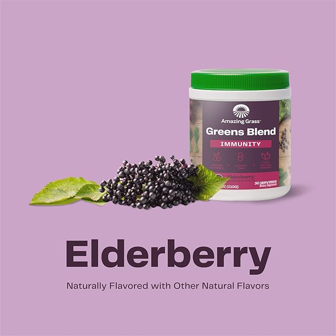 Amazing Grass Greens Blend Superfood for Immune Support: Super Greens Powder Smoothie Mix with Organic Spirulina Chlorella Beet Root Powder Digestive Enzymes &amp Probiotics Elderberry 30 Servin
