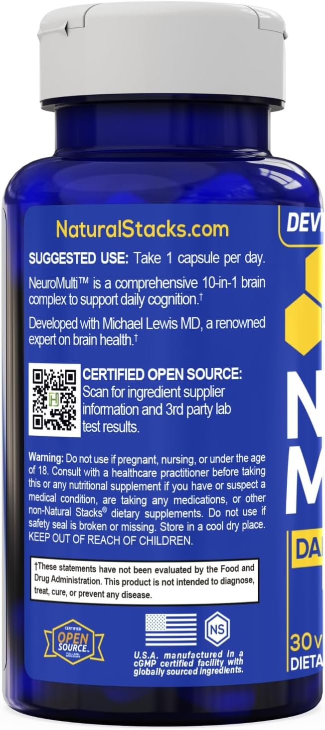 NATURAL STACKS NeuroMulti - Multivitamin for Women &amp Men - Supports Daily Cognition - One Capsule Per Day - CoQ10 200mg for Brain Energy Support - 10 in 1 Brain Health Complex - 30 Capsules