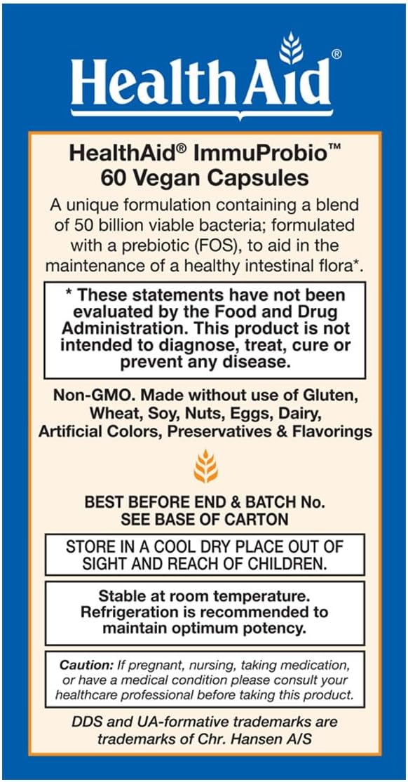 HealthAid ImmuProbio 60 Caps - 50 Billion CFU with Prebiotic Once Daily Acid &amp Bile Resistant Strains Vegan
