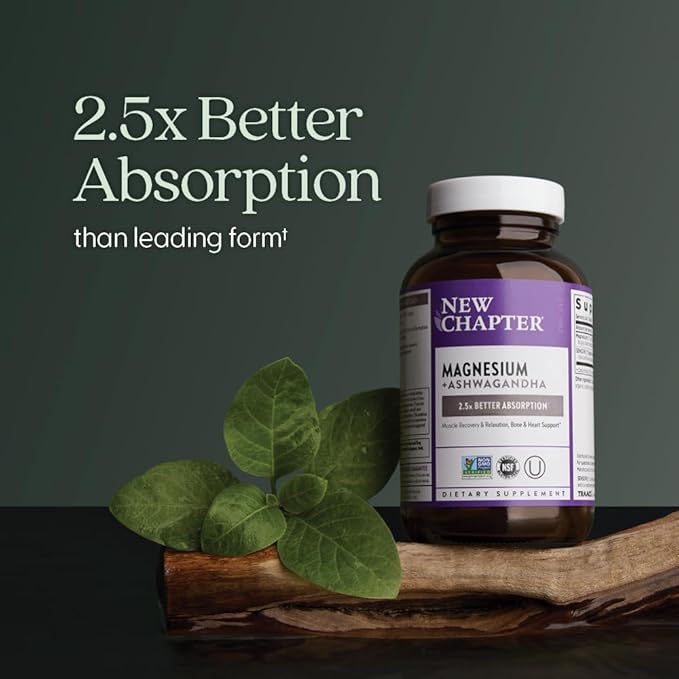 New Chapter Magnesium + Ashwagandha Supplement 325 mg with Magnesium Glycinate for Muscle Relaxation &amp Recovery Heart Nerve &amp Bone Health 2.5X Absorption Non-GMO - 90 ct (3 Month Supply)