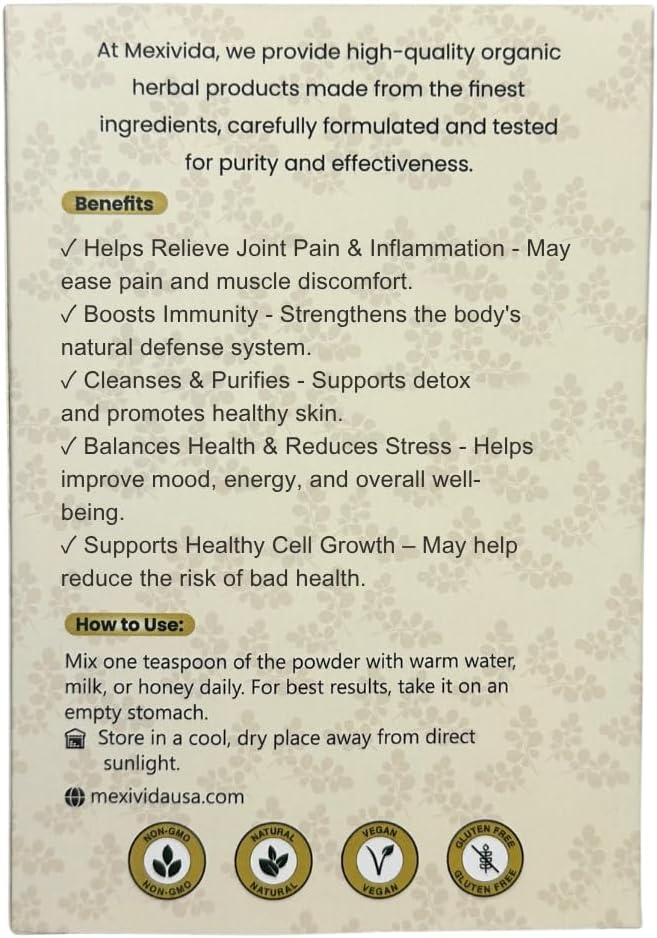 MexiVida Health Powder - 75g - Superfoods Mix of Moringa Turmeric Ginger Ashwagandha &amp Fagonia Cretica – Herbal Powder to Encourage Healthy Overall Function – 100% Natural &amp Homemade