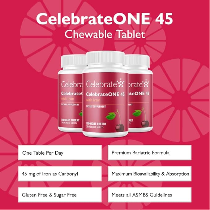 Celebrate Vitamins CelebrateONE 45 Chewables 45mg Iron - Once Daily Bariatric Multivitamin Essential Vitamins &amp Minerals - Gastric Bypass &amp Sleeve Gastrectomy Supplement - Cherry (90 Tablets