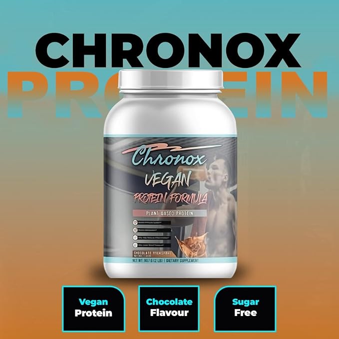 Chronox Vegan Protein Powder-Chocolate Flavor Plant-Based Protein Formula for Muscle Support &amp Recovery Smooth Mixing Pre &amp Post Workout Nutrition 2 LB