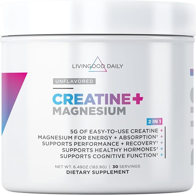 Livingood Daily Creatine + Magnesium Powder Unflavored | 5g Micronized Creatine Monohydrate with Magnesium for Energy Muscle Recovery &amp Performance | 30 Servings