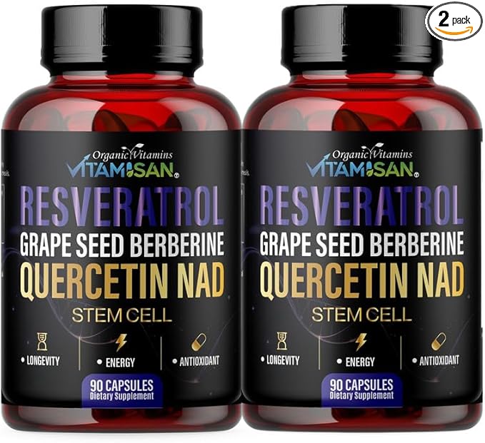 VITAMISAN Resveratrol NAD+ Quercetin Berberine &amp Grape Seed – Antioxidant Energy Formula – 2 Bottles (180 Capsules) Stem Cell Suplement NMN Nicotinamide Riboside – Made in USA