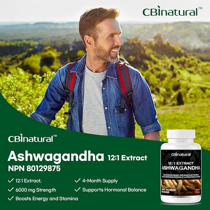 CBInatural Ashwagandha 12:1 Extract 500mg – Energy Vitality &amp Men’s Wellness Support – 120 Vegan Capsules 4-Month Supply