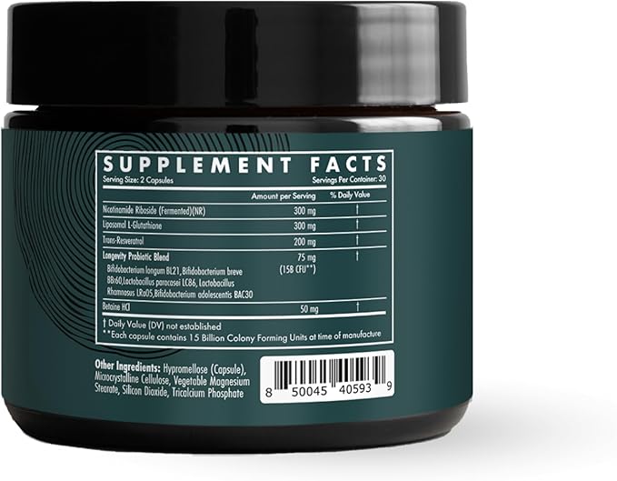 The Wellness Company Longevity – Mitochondria Efficiency DNA Repair Cellular Senescense - NR Lipsomal Glutathione Resveratrol Bifidobacterium 15B CFU | 60ct (1 Month Supply)