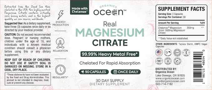 Organics Ocean Real Magnesium Citrate - High Absorption Magnesium Supplement - Chelated Magnesium to Support Energy Relaxation and Regularity - 6 Pack Bulk Supply