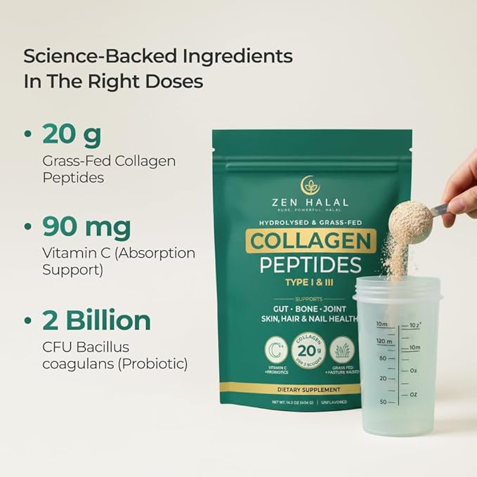 Collagen Powder with Vitamin C &amp Probiotic (18g Protein) Pure Grass Fed Halal Collagen Peptides for Women - Unflavored &amp Hydrolyzed Bovine Type I &amp III for Skin Hair Nails Joints and Gu