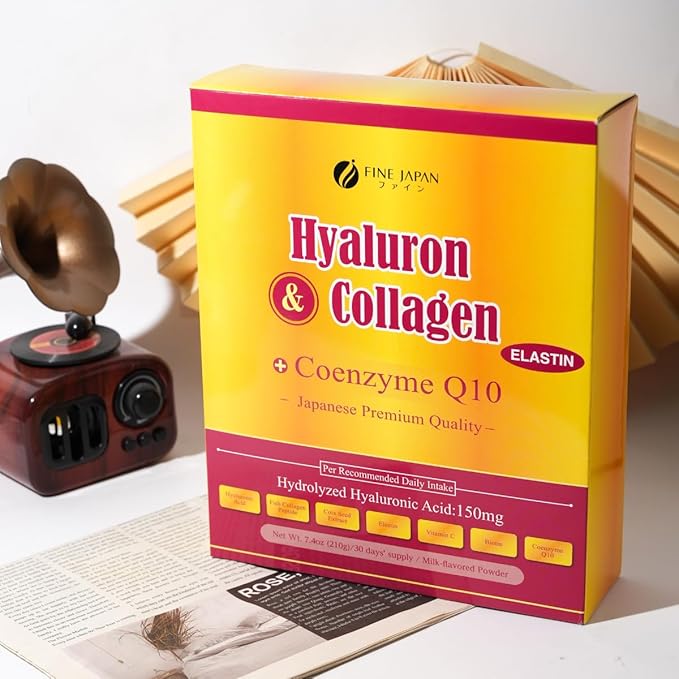 FINE JAPAN Premium Marine Collagen Powder with Hyaluronic Acid CoQ10 &amp Elastin - Non-GMO - 30 Servings (210g / 7.4oz) Made in Japan