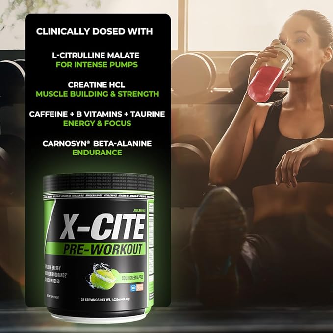 X-CITE Pre-Workout by ATHLEAN-X - Enhanced Formula with Beta-Alanine Creatine &amp Caffeine for Ultimate Energy Endurance Focus &amp Muscle Pump NSF Certified for Sports (Sour Green Apple)