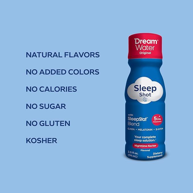 Dream Water Sleep Aid Supplement Drink Melatonin 5mg GABA 5-HTP Zero Sugar Natural Flavors No Added Colors 2.5 oz Liquid Sleep Shots Nighttime Nectar 12-Count