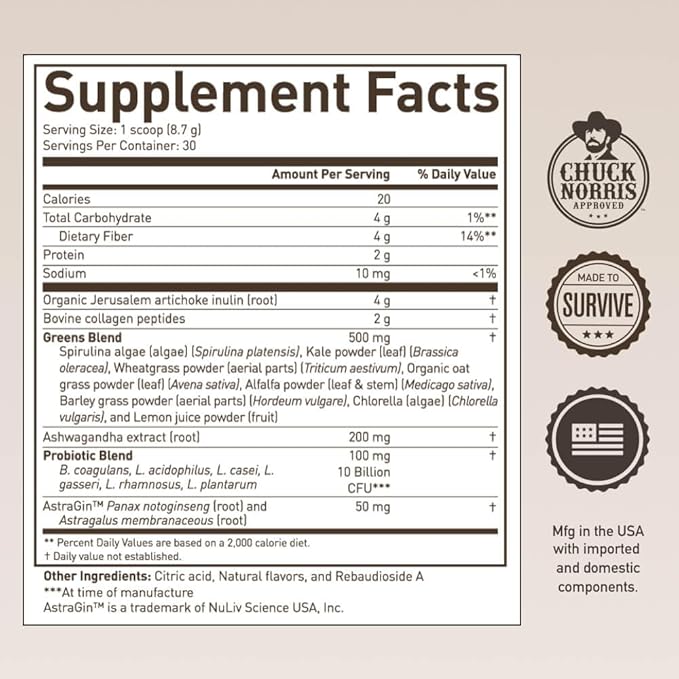ROUNDHOUSE PROVISION Morning Kick 3 Pack Zero Sugar Greens Superfood Powder Supplement with 3 Day Emergency Meal Kit (26 Servings) by Chuck Norris