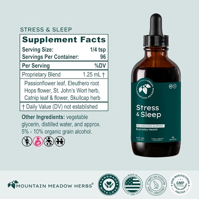 Mountain Meadow Herbs Stress &amp Sleep | Liquid Herbal Supplement for Calm Mind &amp Body | 4 oz