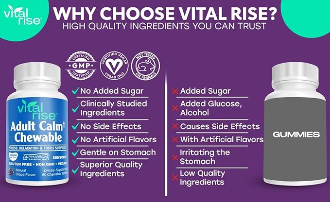 Adult Calm Magnesium Chewables – Magnesium Ashwagandha &amp L-Theanine Supplement for Stress Mood &amp Relaxation High Absorption Non-GMO Grape Flavor (60 Chewables)