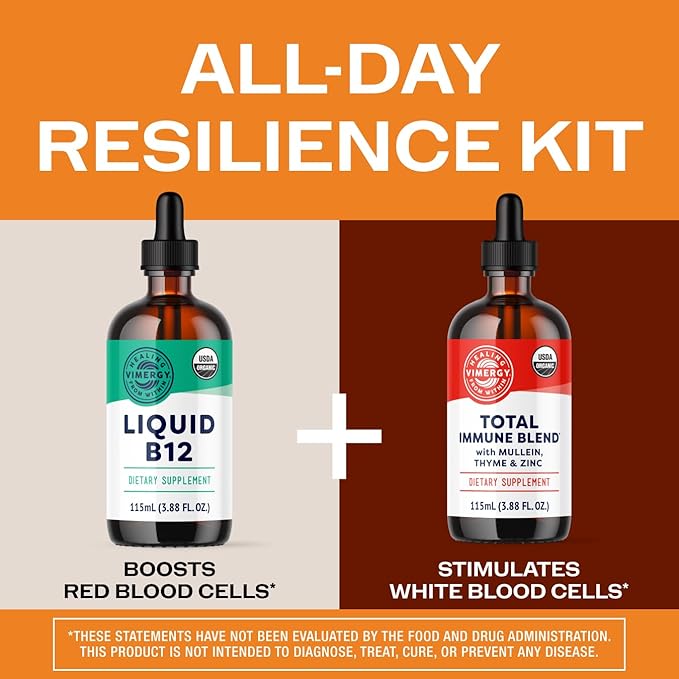 Vimergy All-Day Resilience Kit* - Complementary Blend of 2500 mcg B12 2500 mcg Zinc 130 mg Mullein Extract and 70 mg Thyme Extract. USDA Organic Vegan Paleo-Friendly Gluten-Free Kosher. *