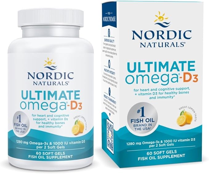 Nordic Naturals Ultimate Omega-D3 Lemon Flavor - 60 Soft Gels - 1280 mg Omega-3 + 1000 IU Vitamin D3 - EPA &amp DHA - Promotes Brain Heart &amp Immune Health - 30 Servings